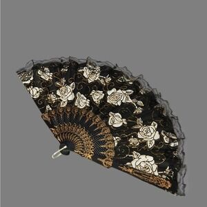 Elegant Black Lace Folding Hand Fan with Gold Floral Embroidery –‎ Vintage Style